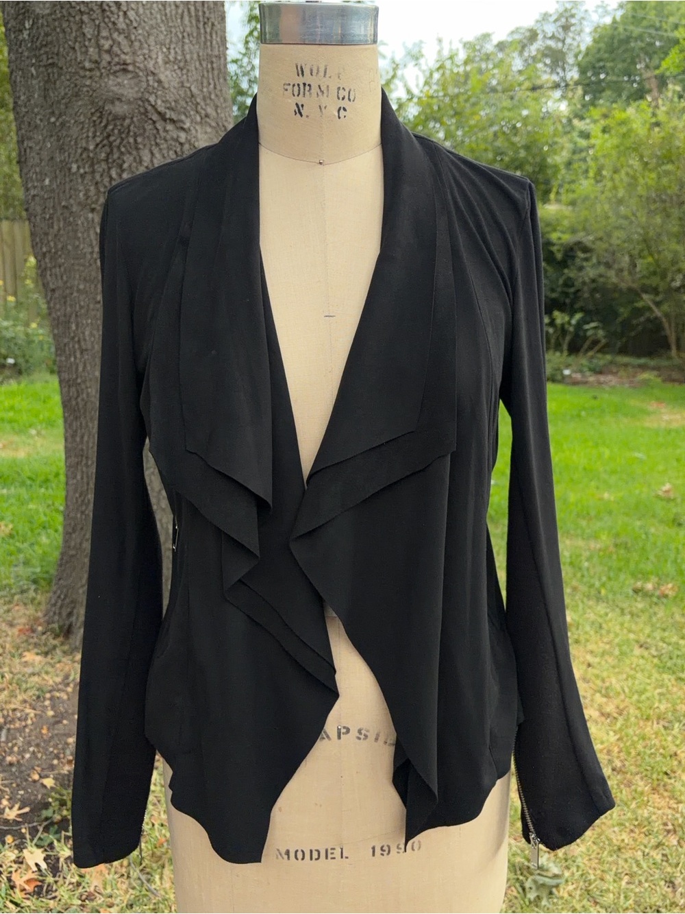 Joan Vass New York Black Faux Suede Double Waterfall Collar Jacket Zip Pockets